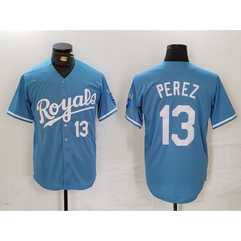 Kansas City Royals #13 Salvador Perez Number Light Blue CONTON Cool Base Stitched Jersey
