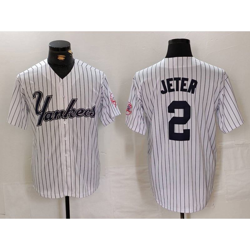 New York Yankees #2 Derek Jeter White CONTON Pinstripe Fashion Cool Base Jersey 3