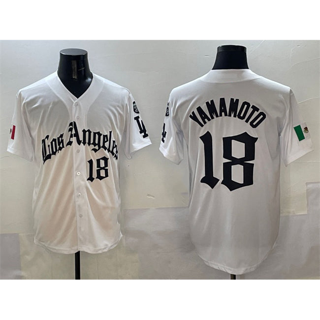 Los Angeles Dodgers #18 Yoshinobu Yamamoto White CONTON Mexico 2025 LA Gothic Style With Fernando Patch Vapor Premier Limited Stitched Jersey