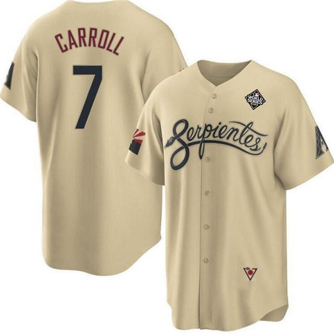 Arizona Diamondbacks #7 Corbin Carroll Gold CONTON 2023 World Series City Connect Cool Base Stitched Jersey