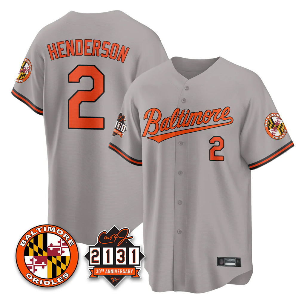 Baltimore Orioles #2 Gunnar Henderson Player Gray CONTON 30th Anniversary of 2131 Home Game Stitched Jerseys