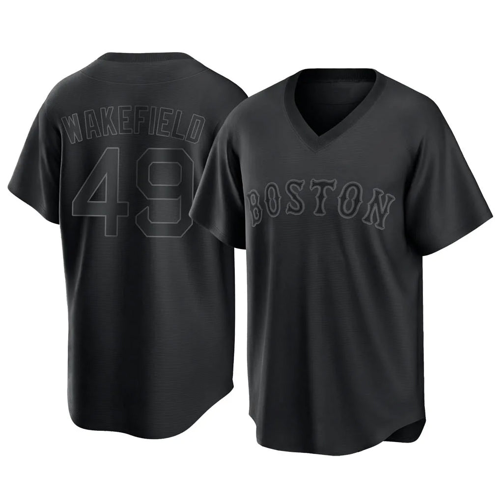 Boston Red Sox #49 Tim Wakefield Player Black CONTON T-shirt Home Game Stitched Jerseys