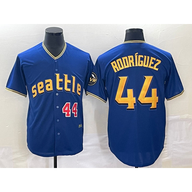 Seattle Mariners #44 Julio Rodriguez Number Blue CONTON 2023 City Connect Cool Base Stitched Jersey 1