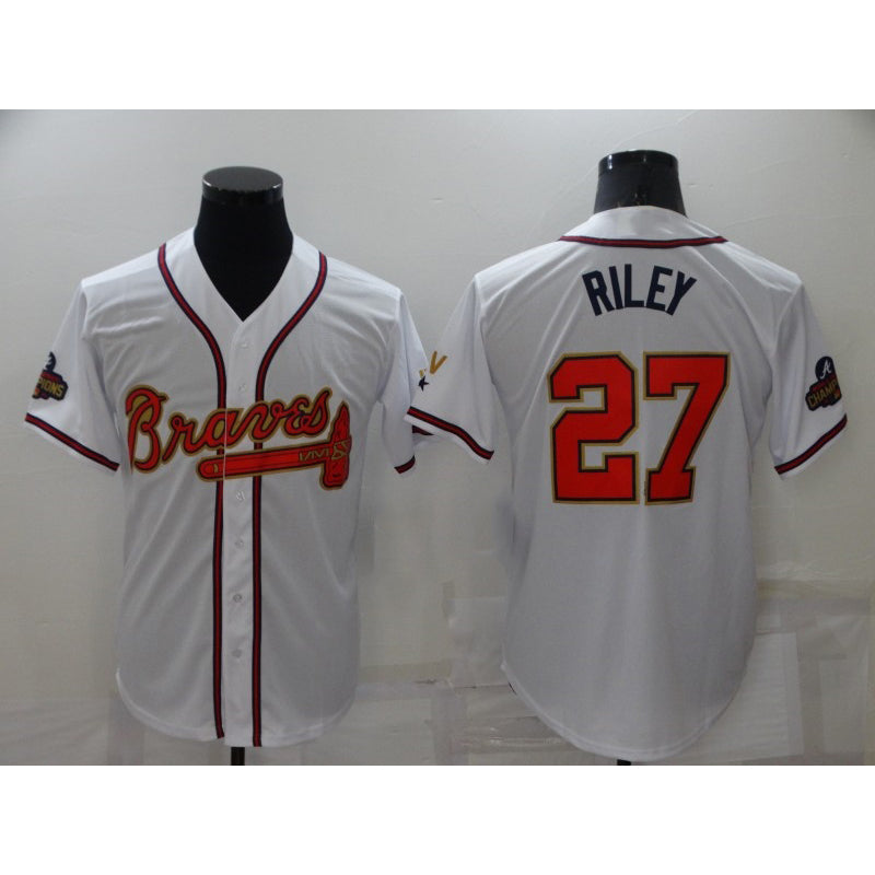 Atlanta Braves #27 Austin Riley 2022 White Gold CONTON World Series Champions Program Cool Base Stitched Jersey