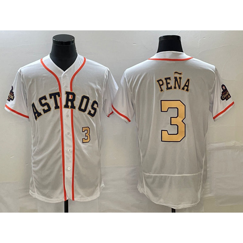 Houston Astros #3 Jeremy Pena Number 2023 White Gold CONTON World Serise Champions Patch Flex Base Stitched Jersey 2
