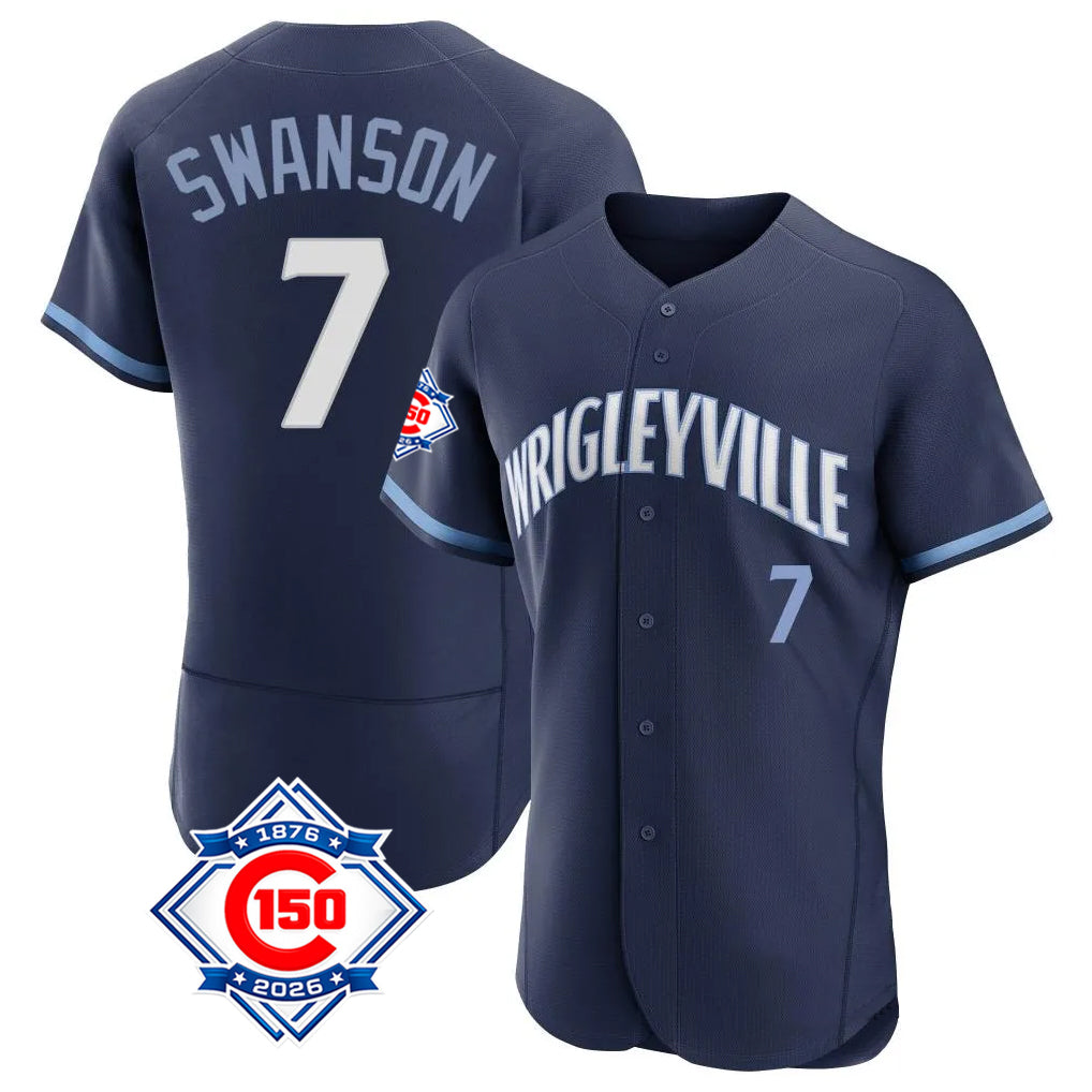 Chicago Cubs #7 Dansby Swanson Player Navy CONTON City Connect 150th Anniversary Limited Elite Home Stitched Jerseys