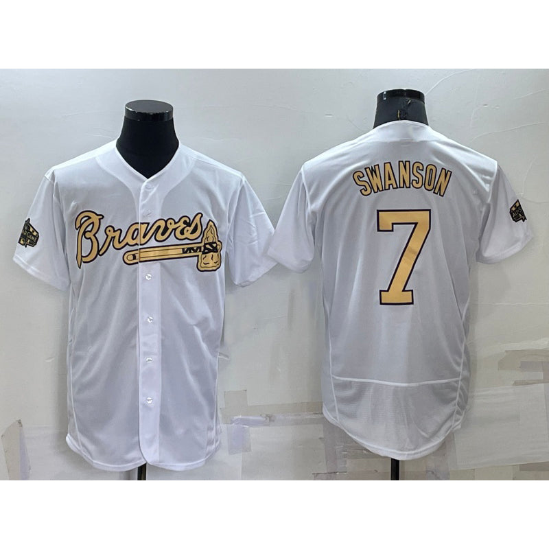 Atlanta Braves #7 Dansby Swanson White CONTON 2022 All Star Stitched Flex Base Jersey