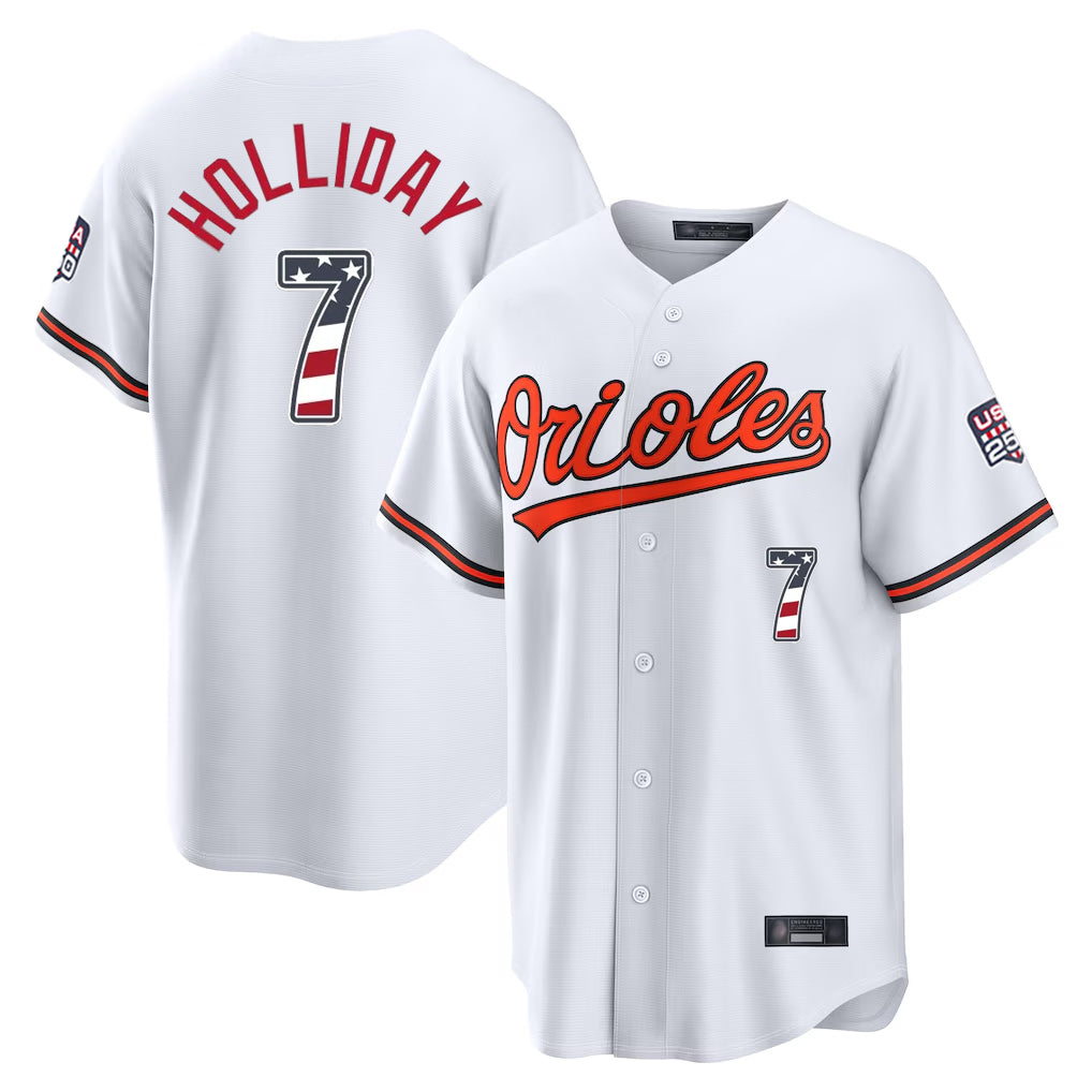 Baltimore Orioles #7 Jackson Holliday Player White CONTON USA 250 Fourth of July Home Game Stitched Jerseys
