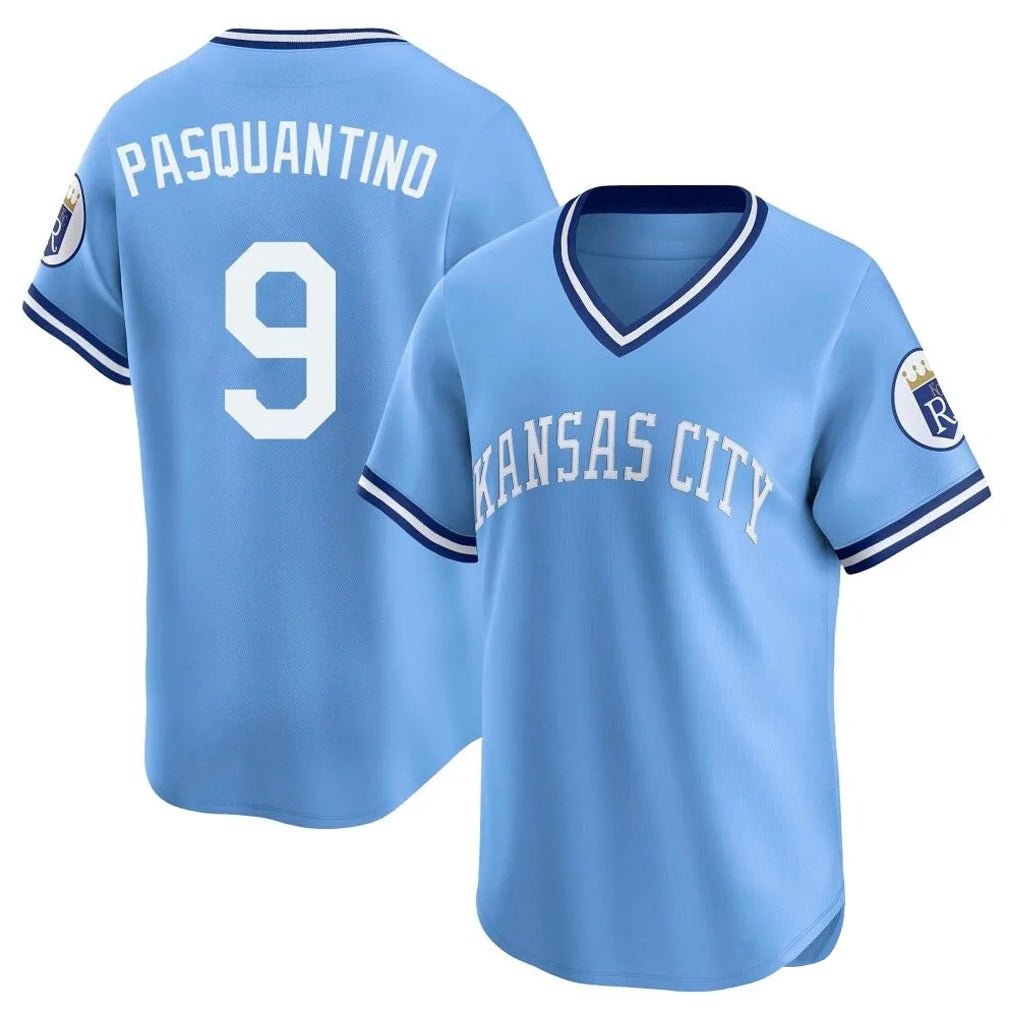 Kansas City Royals #9 Vinnie Pasquantino Player Light Blue CONTON Limited Throwback Cooperstown Collection T-shirt Stitched Jerseys