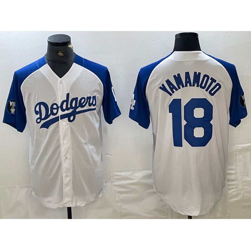 Los Angeles Dodgers #18 Yoshinobu Yamamoto White Blue CONTON Fashion Stitched Cool Base Limited Jerseys