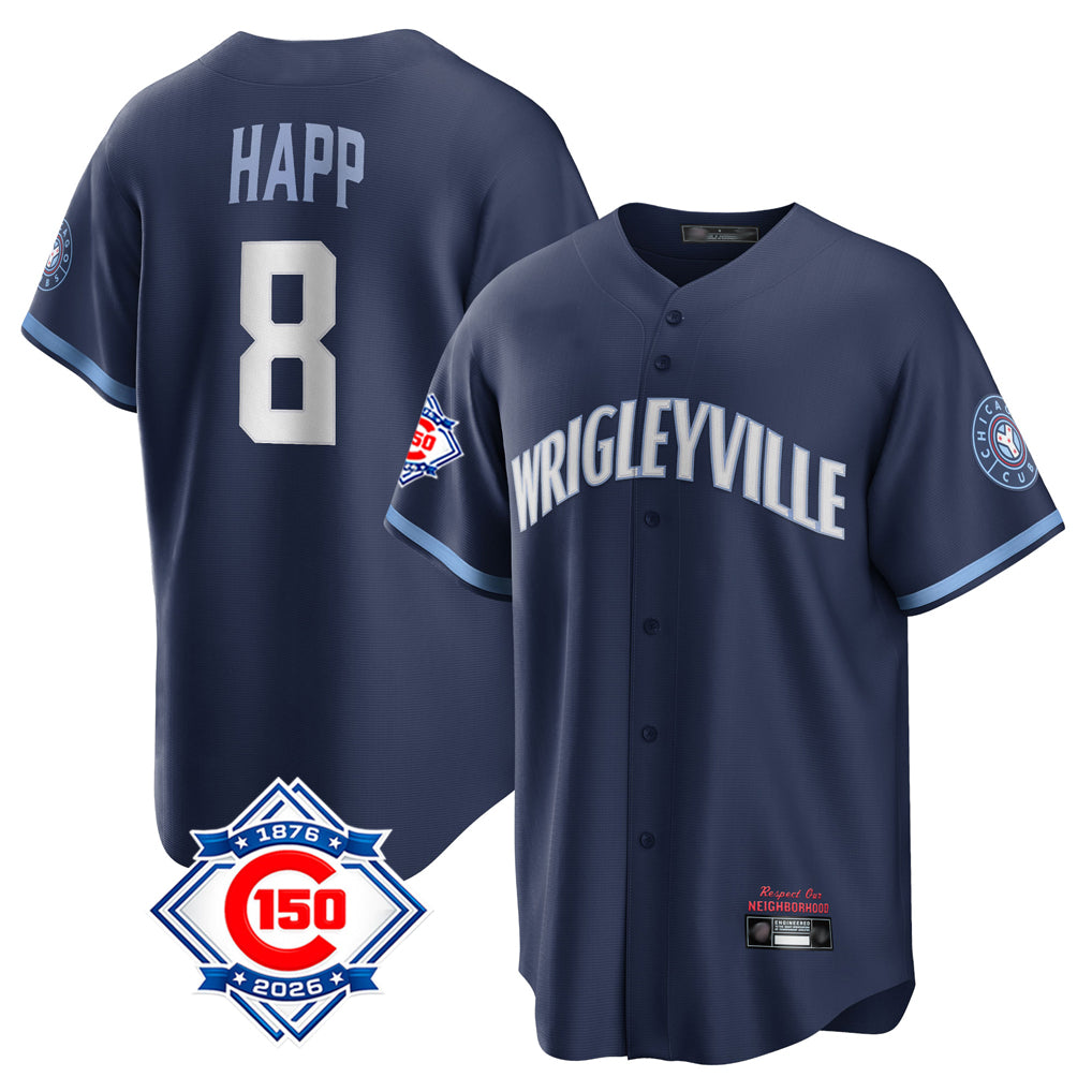 Chicago Cubs #8 Ian Happ Player Navy CONTON 150th Anniversary City Connect Home Game Stitched Jerseys