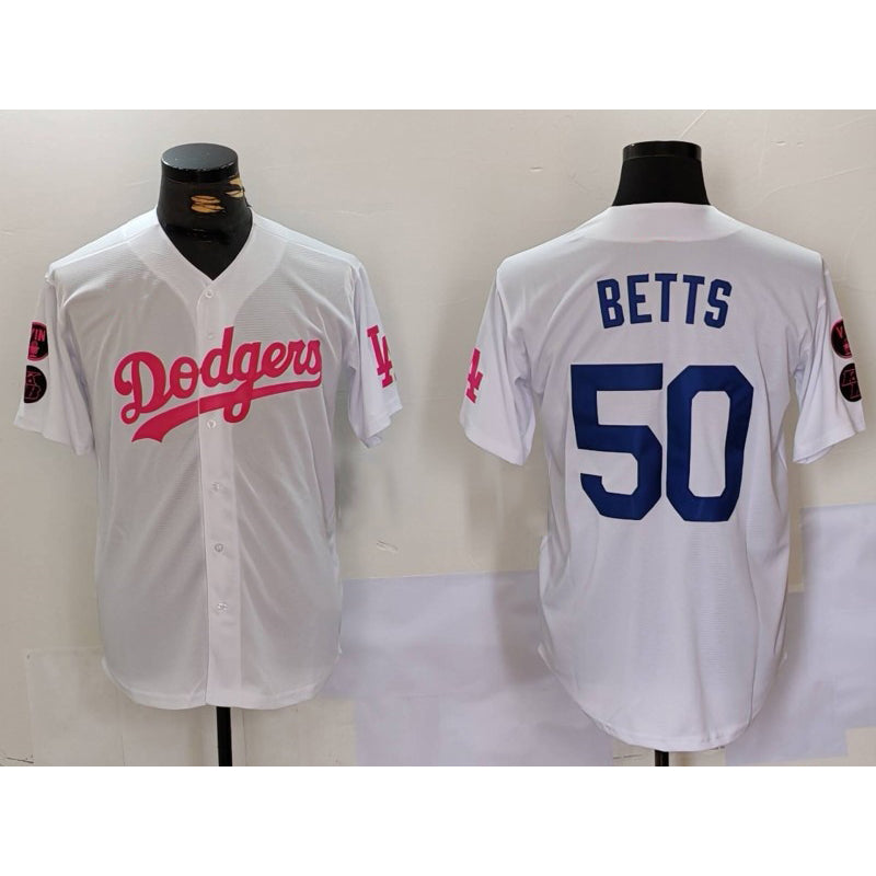 Los Angeles Dodgers #50 Mookie Betts White Pink CONTON Vin & Kobe Patch Stitched Jersey1