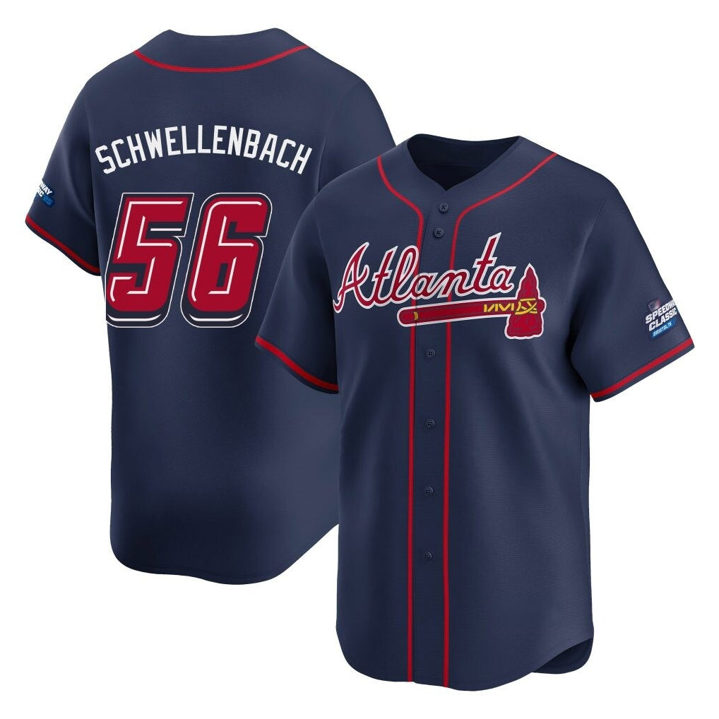 Atlanta Braves #56 Spencer Schwellenbach Player Navy CONTON 2025 Speedway Classic Home Game Stitched Jerseys