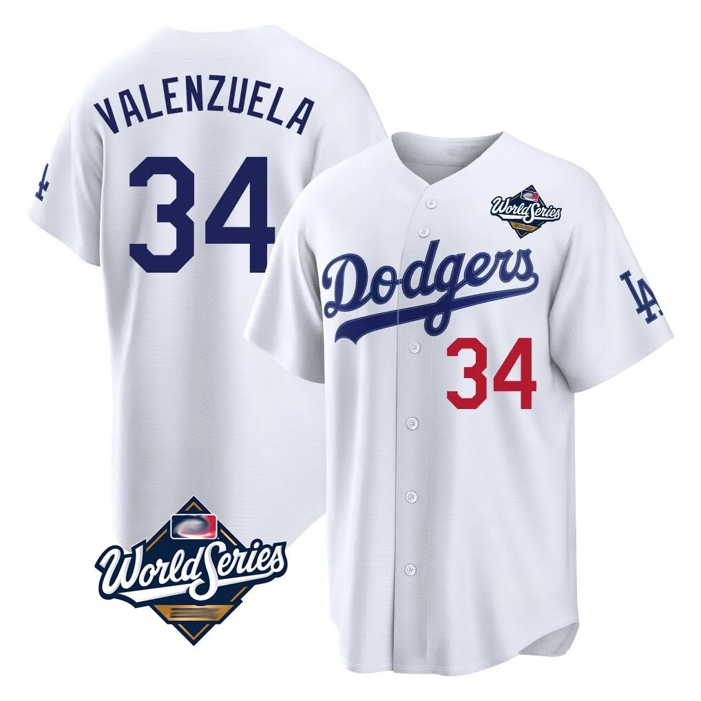 Los Angeles Dodgers #34 Fernando Valenzuela Player White CONTON World Series Home Game Stitched Jerseys