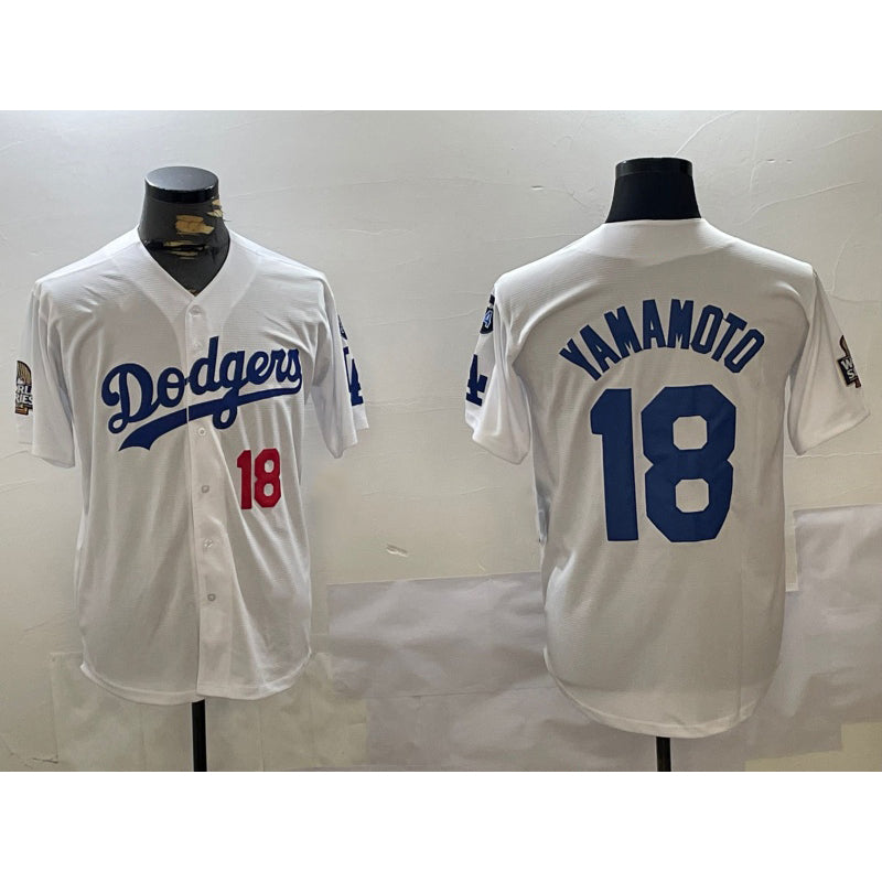 Los Angeles Dodgers #18 Yoshinobu Yamamoto White CONTON 2024 World Series With Fernando Memorial Patch Home Limited Stitched Jerseys