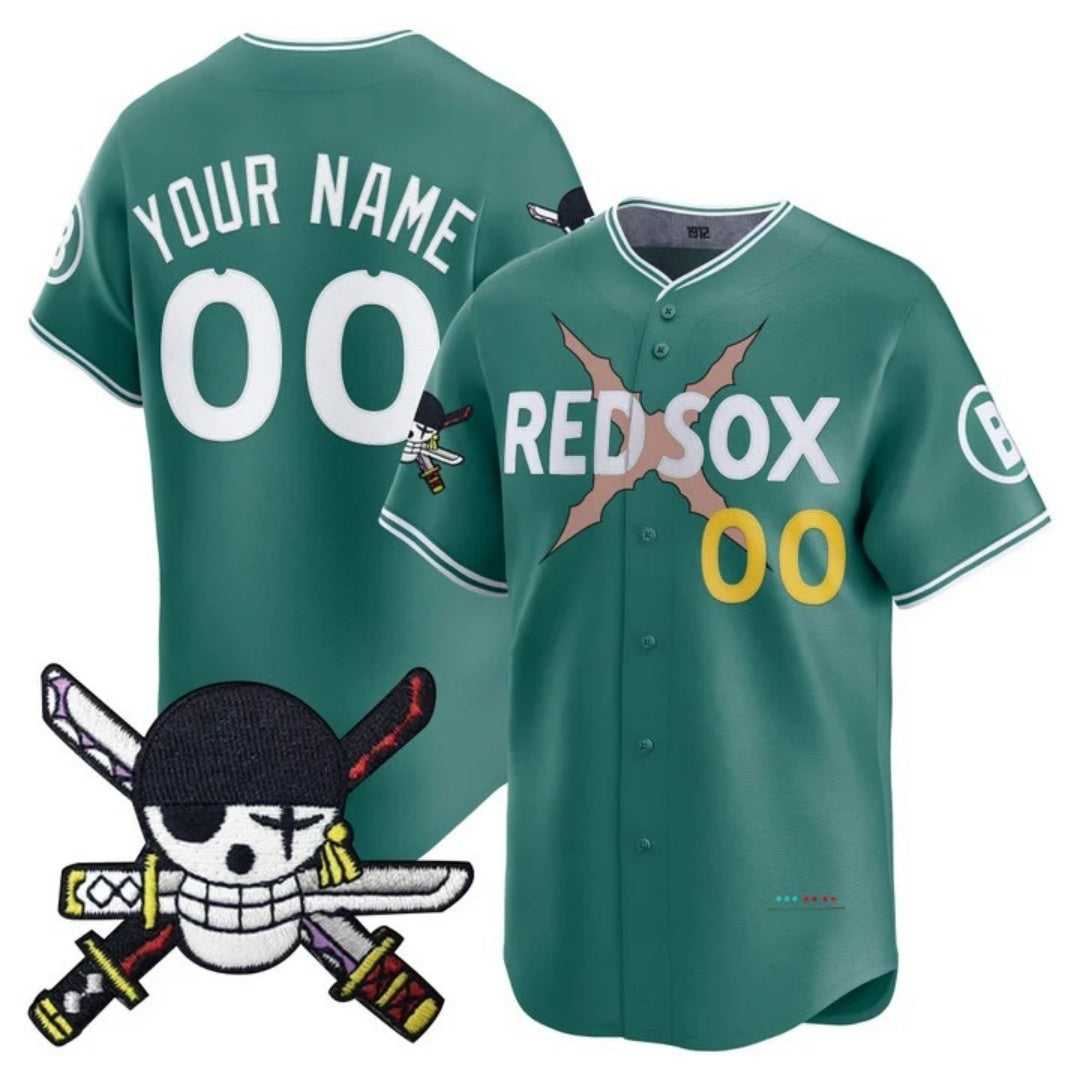 Custom Boston Red Sox x One Piece Green CONTON Zoro Patch Vapor Premier Limited Jersey - Stitched