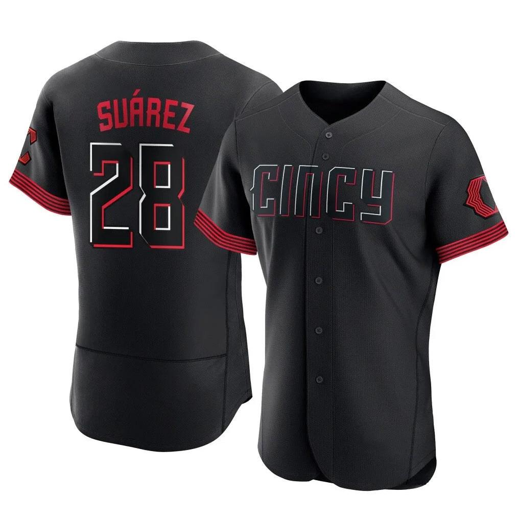 Cincinnati Reds #28 Eugenio Su¨¢rez Player Black CONTON City Connect Limited Elite Home Stitched Jerseys