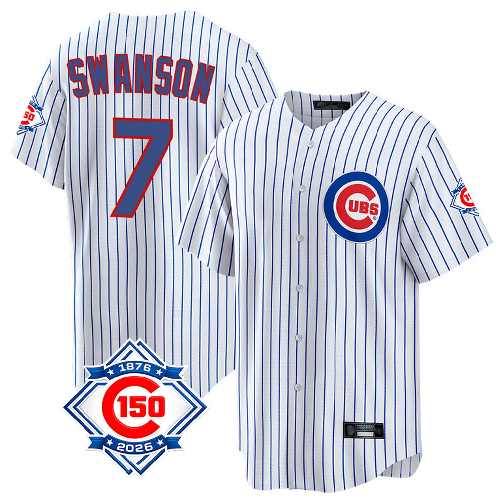 Chicago Cubs #7 Dansby Swanson Player White CONTON 150th Anniversary Home Game Stitched Jerseys