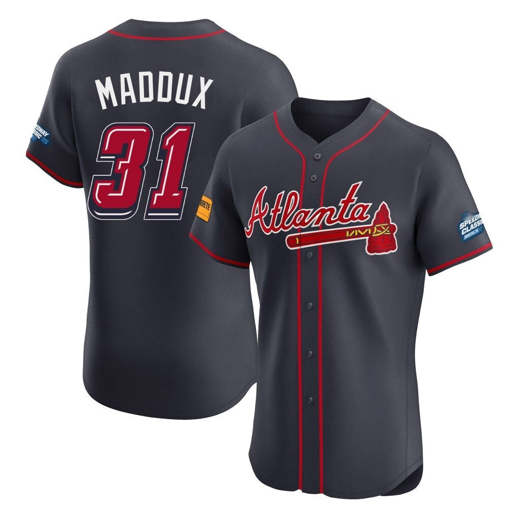 Atlanta Braves #31 Greg Maddux Player Navy CONTON 2025 Speedway Classic Limited Elite Home Game Stitched Jerseys