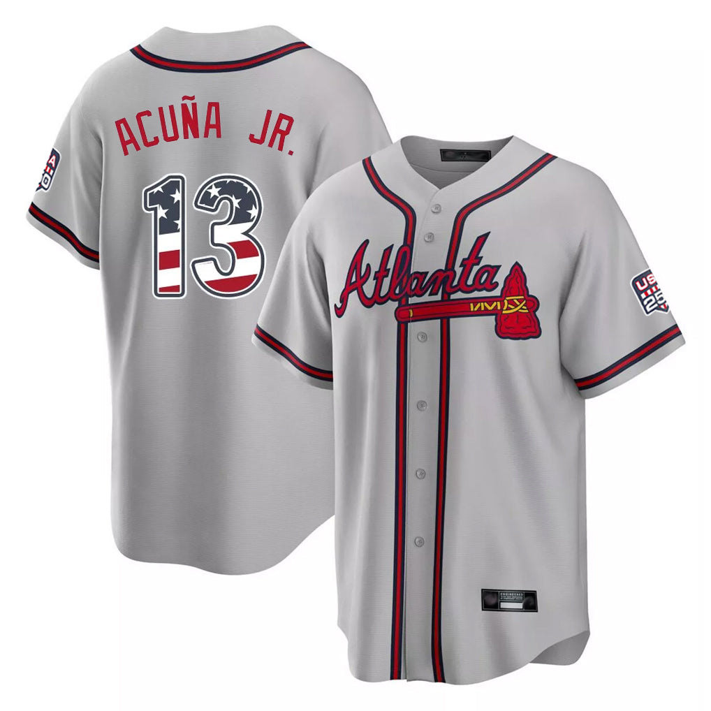 Atlanta Braves #13 Ronald Acuna Jr Player Gray CONTON USA 250 Fourth Of July Limited Home Game Stitched Jerseys