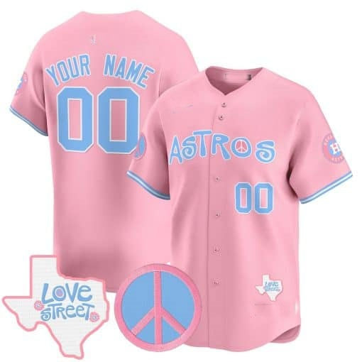 Custom Houston Astros  Love Street & Peace Sign Patch Bubblegum Pink CONTON Vapor Premier Limited Jersey ¨C All Stitched