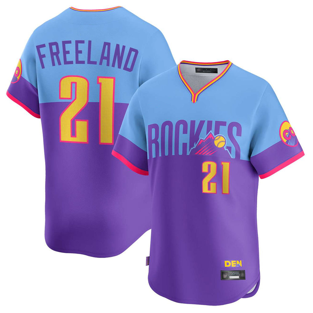 Colorado Rockies #21 Kyle Freeland Player Purple-Light Blue CONTON City Connect Limited Home T-shirt Stitched Jerseys