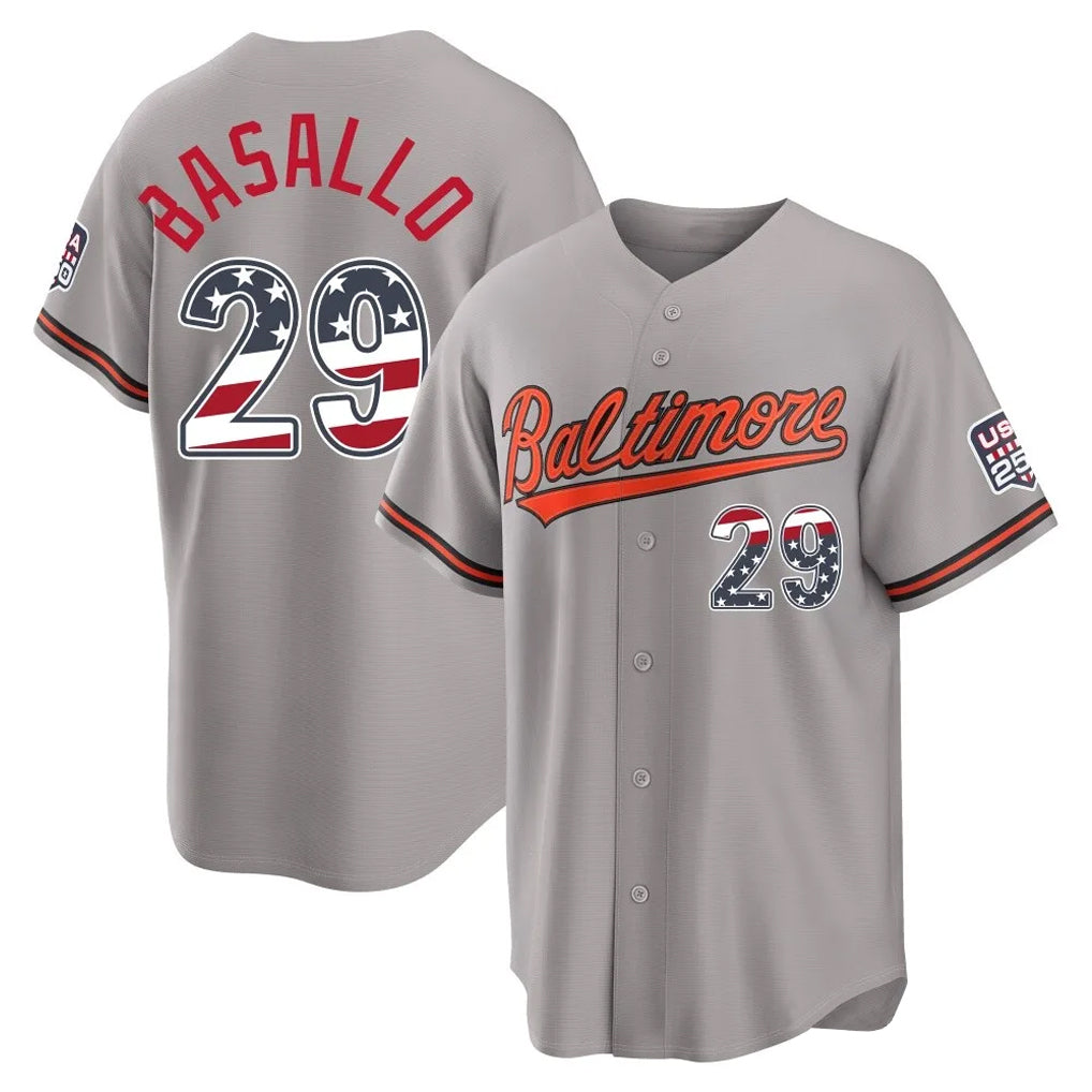 Baltimore Orioles #29 Samuel Basallo Player Gray CONTON USA 250 Fourth of July Home Game Stitched Jerseys