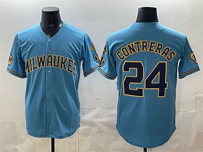 Milwaukee Brewers #24 William Contreras Blue CONTON With Home & Bob Uecker Patch Stitched Jersey