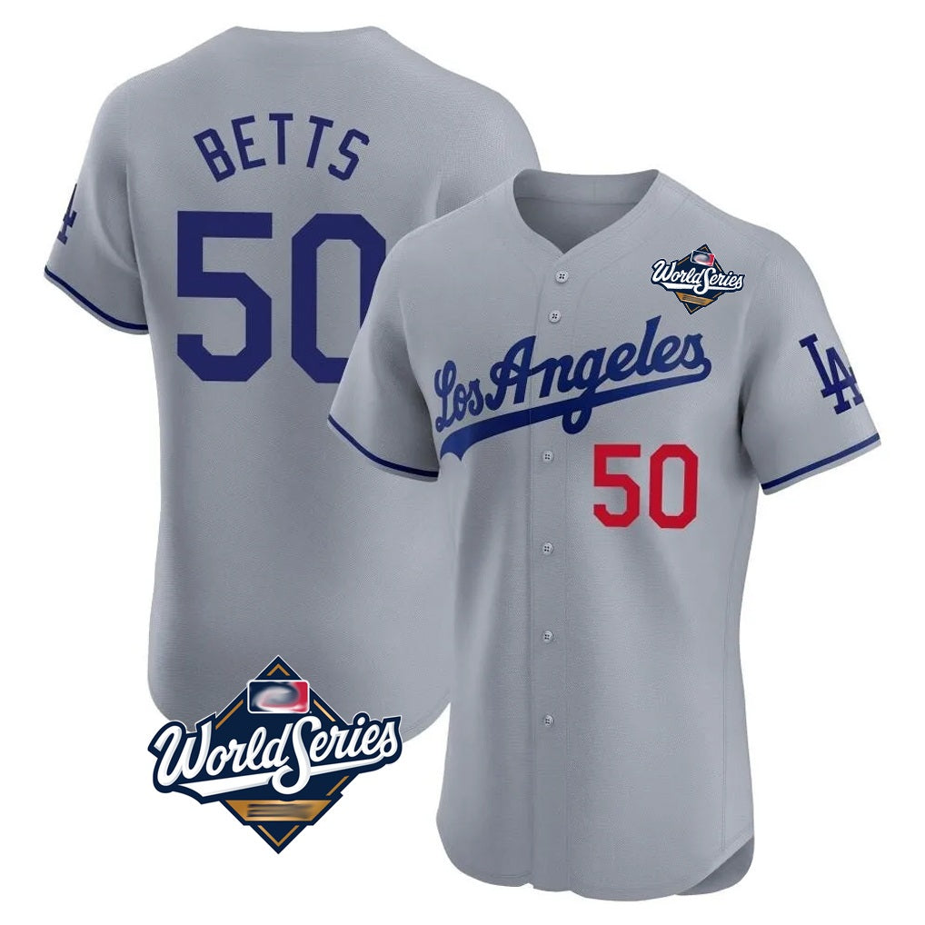 Los Angeles Dodgers #50 Mookie Betts Player Gray CONTON World Series Limited Elite Home Stitched Jerseys