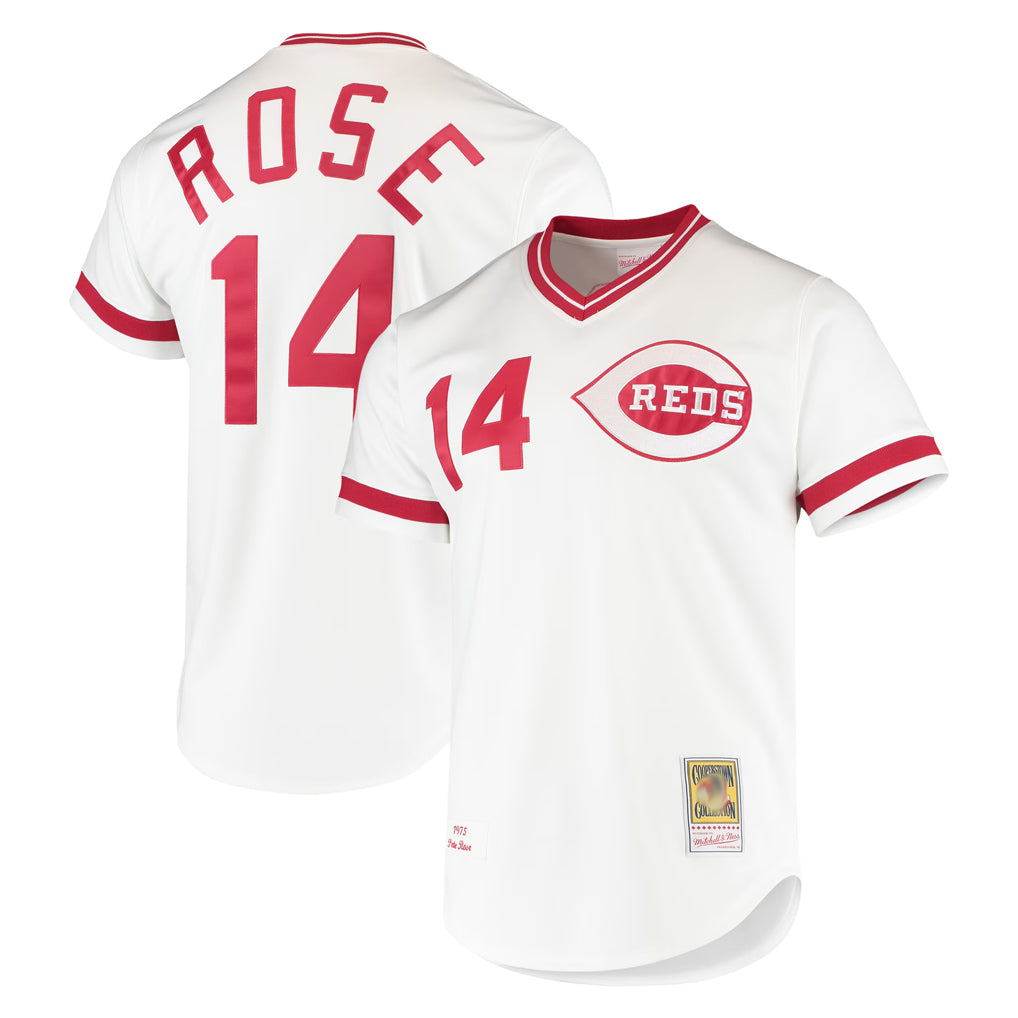 Cincinnati Reds #14 Pete Rose Player White CONTON Mitchell & Ness Throwback Cooperstown Mesh T-shirt Game Stitched Jerseys