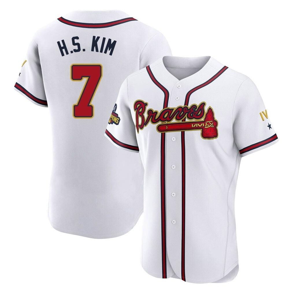 Atlanta Braves #7 Ha-Seong Kim Player White Gold CONTON Limited Elite Home Game Stitched Jerseys
