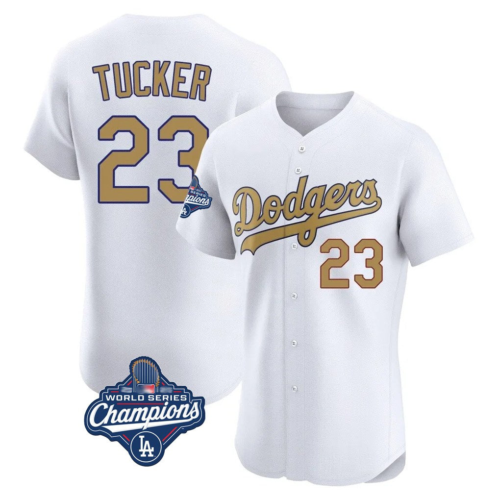 Los Angeles Dodgers #23 Kyle Tucker Player White Gold CONTON World Series Meet Limited Elite Home Stitched Jerseys