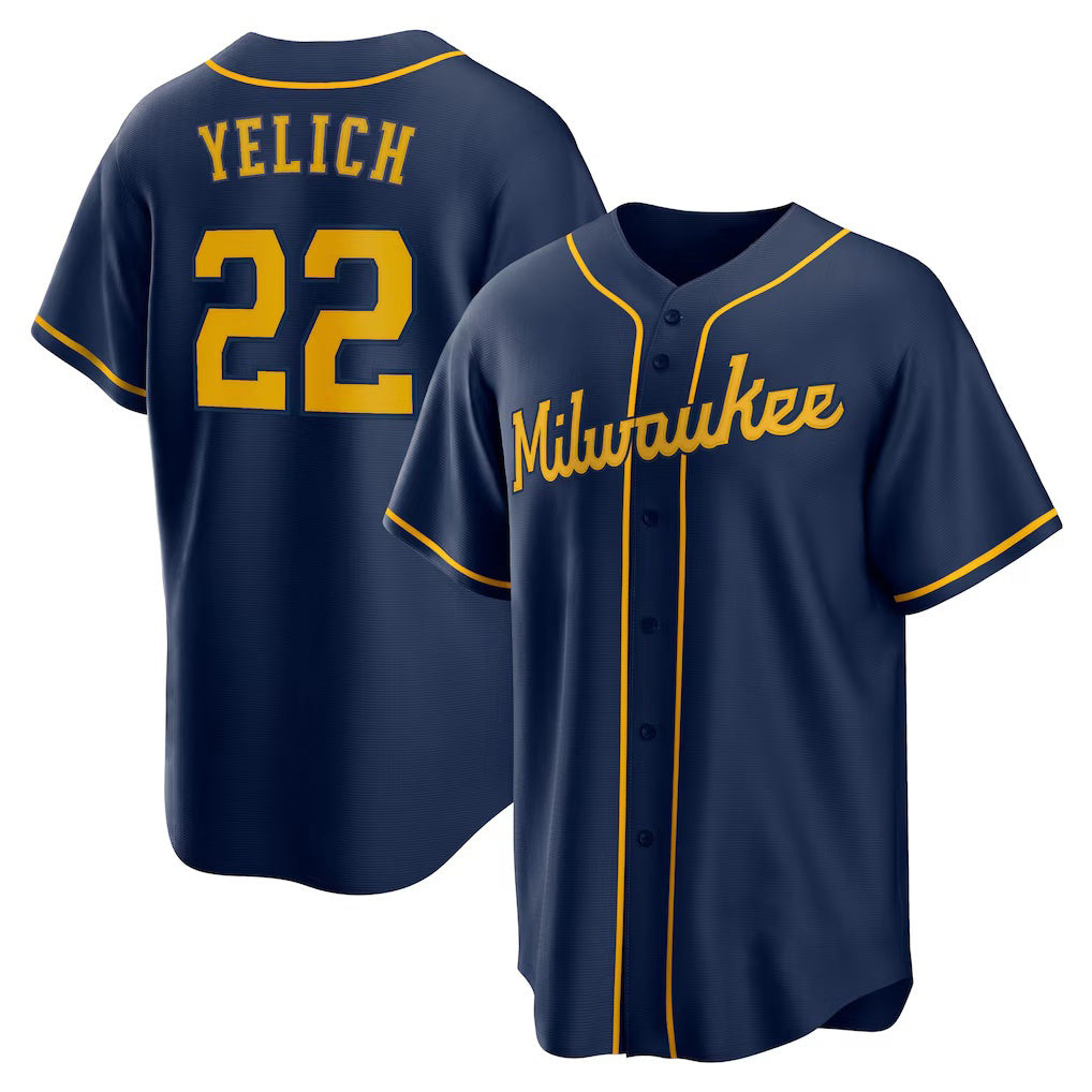 Milwaukee Brewers #22 Christian Yelich Navy CONTON Alternate 2 Replica Jersey