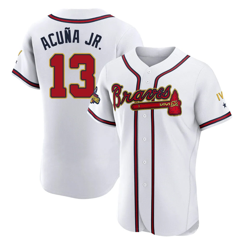 Atlanta Braves #13 Ronald Acuna Jr Player White Gold CONTON Limited Elite Home Game Stitched Jerseys