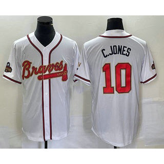 Atlanta Braves #10 Chipper Jones 2022 White Gold CONTON World Series Champions Program Cool Base Stitched Jersey