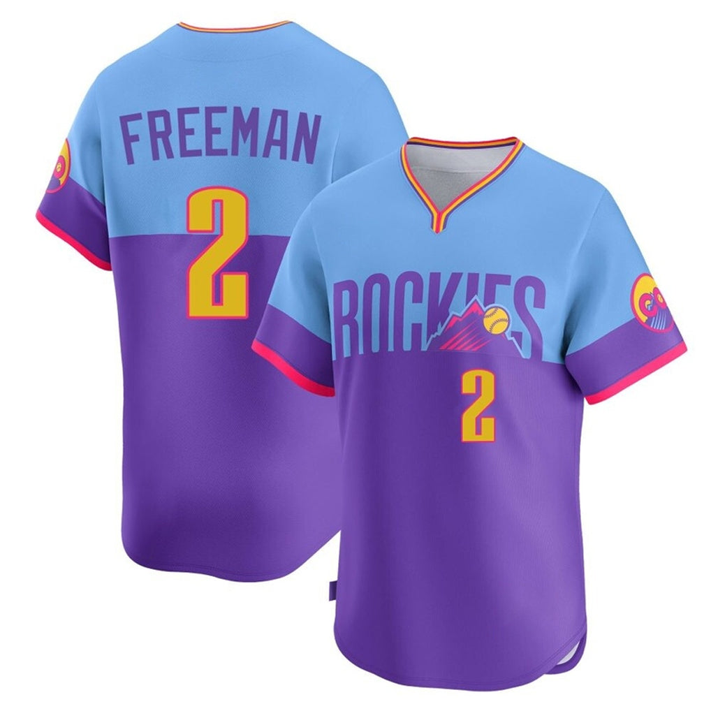 Colorado Rockies #2 Tyler Freeman Player Purple-Light Blue CONTON City Connect Limited Home T-shirt Stitched Jerseys