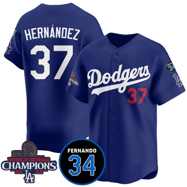 Los Angeles Dodgers #37 Teoscar Hernandez Royal CONTON 2024 World Series Champions With Fernando Memorial Patch Vapor Premier Limited Stitched Jersey