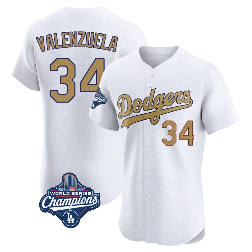 Los Angeles Dodgers #34 Fernando Valenzuela Player White Gold CONTON World Series Meet Limited Elite Home Stitched Jerseys