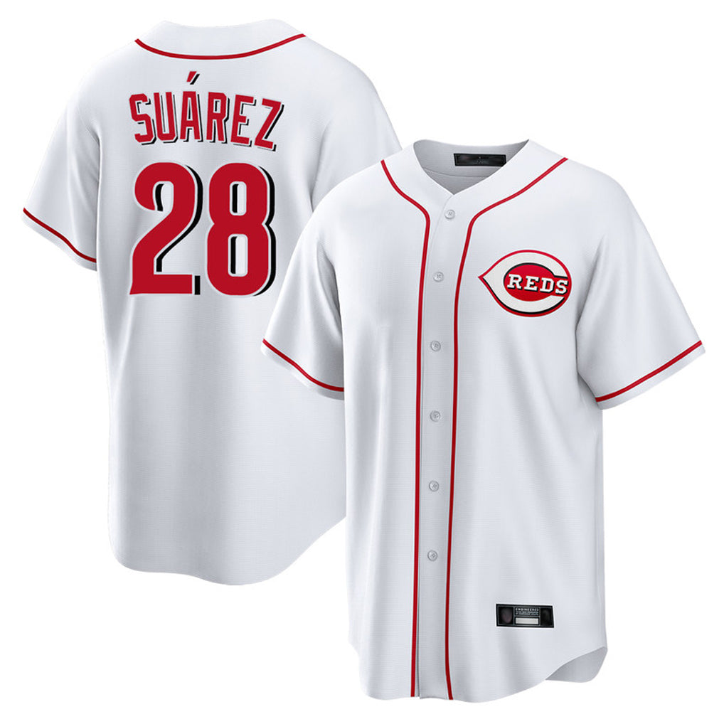 Cincinnati Reds #28 Eugenio Su¨¢rez Player White CONTON Game Home Stitched Jerseys