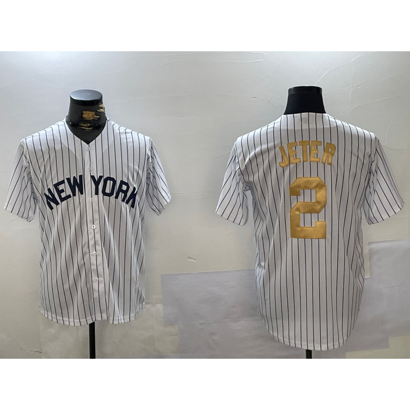 New York Yankees #2 Derek Jeter White CONTON Pinstripe Fashion Cool Base Jersey 2