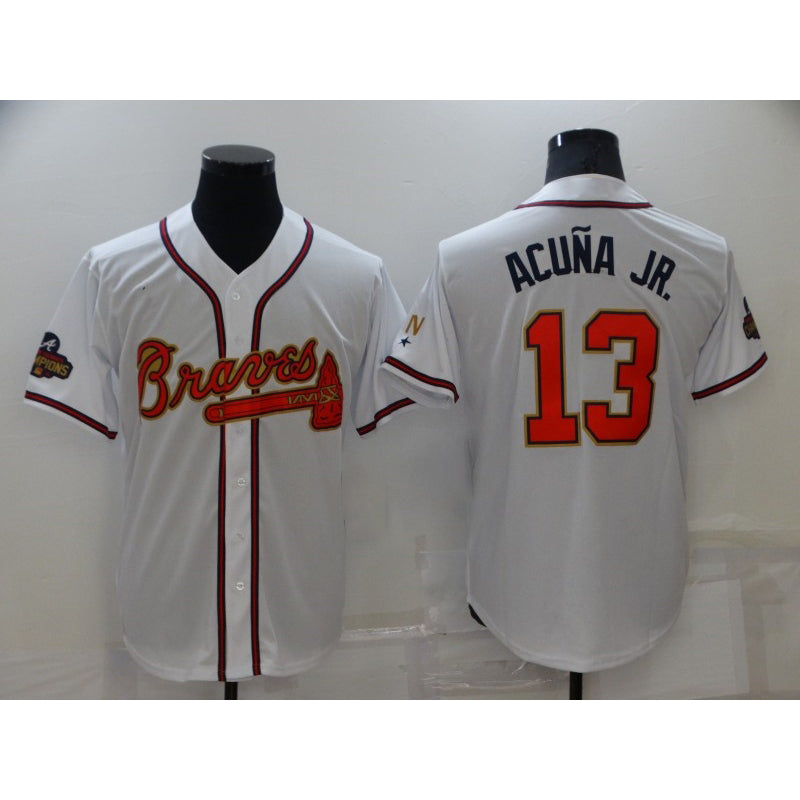 Atlanta Braves #13 Ronald Acuna Jr 2022 White Gold CONTON World Series Champions Program Cool Base Stitched Jersey