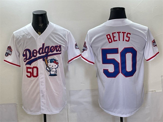 Los Angeles Dodgers #50 Mookie Betts White CONTON Hello Kitty Night 2025 World Series Champions Patch Stitched Jersey