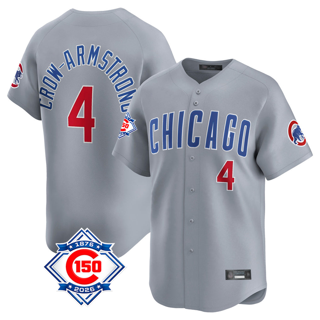 Chicago Cubs #4 Pete Crow-Armstrong Player Gray CONTON Road 150th Anniversary Limited Home Stitched Jerseys