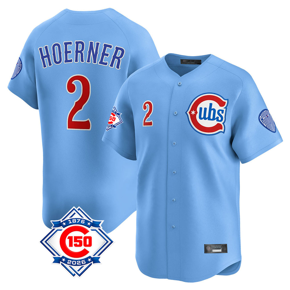 Chicago Cubs #2 Nico Hoerner Player Light Blue CONTON 150th Anniversary Limited Home Stitched Jerseys