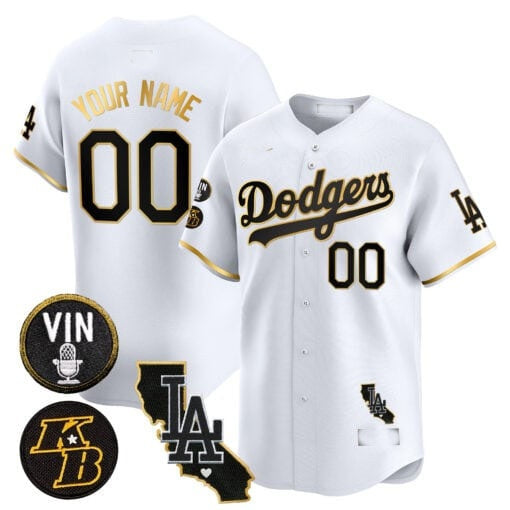 Custom Los Angeles Dodgers Vin Patch & Kobe Bryant Gold Trim Vapor Premier Limited Jersey V2 ¨C White Gold CONTON