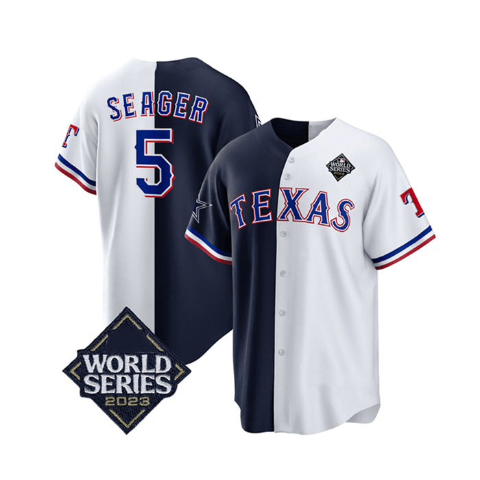 Texas Rangers & Cowboys #5 Corey Seager Navy White CONTON 2023 World Series Splite Stitched Jersey