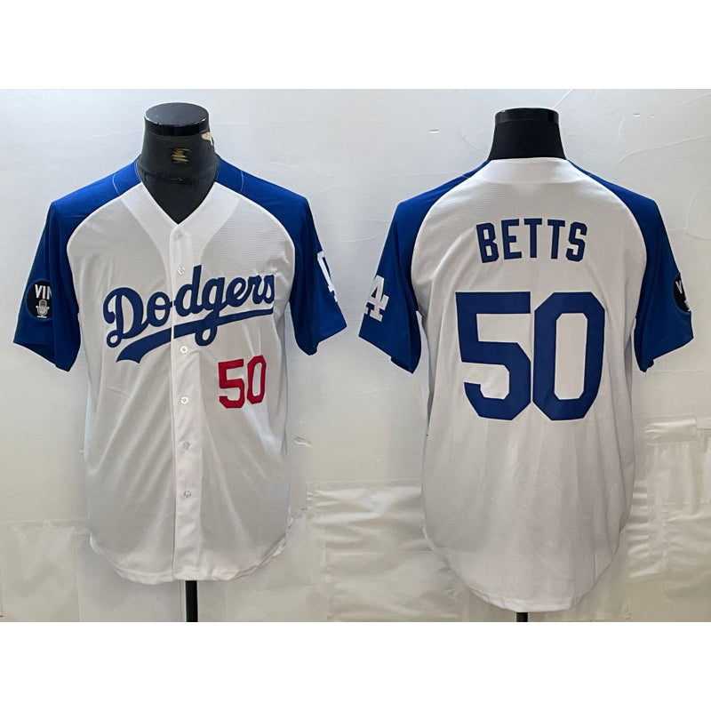Los Angeles Dodgers #50 Mookie Betts Number White Blue CONTON Fashion Stitched Cool Base Limited Jerseys