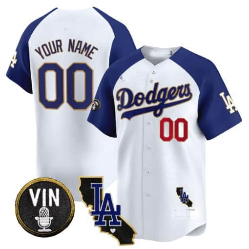 Custom Los Angeles Dodgers Vin & California Patch Gold Trim Vapor Premier Limited Jersey ¨C White 2 CONTON