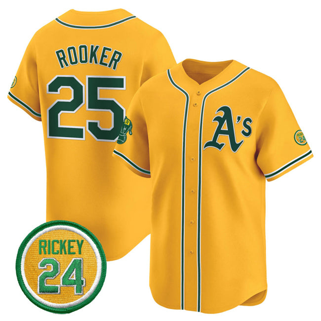 Oakland Athletics #25 Brent Rooker Yellow CONTON 2024 Limited With Rickey Henderson Patch Stitched Jersey