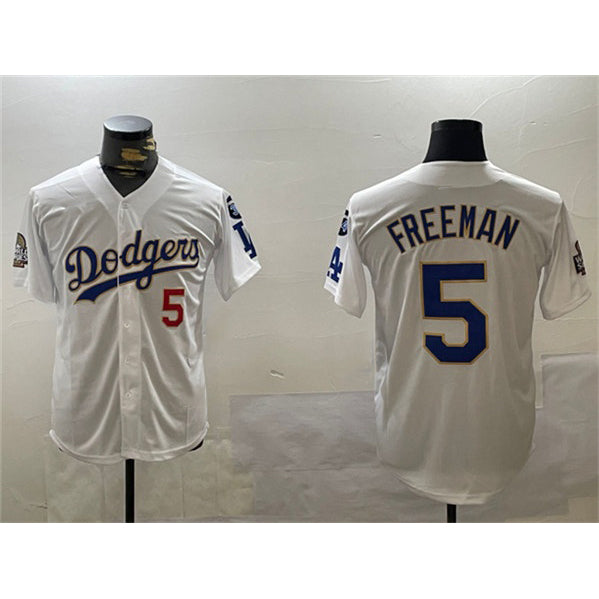 Los Angeles Dodgers #5 Freddie Freeman White Gold CONTON 2024 World Series With Fernando Memorial Patch Home Limited Stitched Jersey